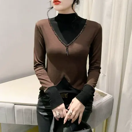 气质撞色烫钻拼接T恤女长袖加绒加厚半高领上衣洋气修身打底衫冬商品大图