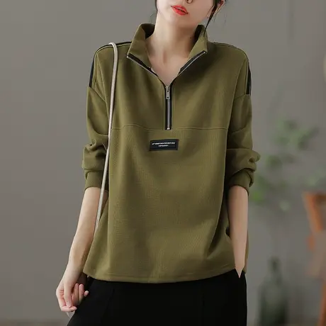 dza 纯棉灰色高领卫衣女士秋季新款显瘦打底上衣宽松运动短款外套图片