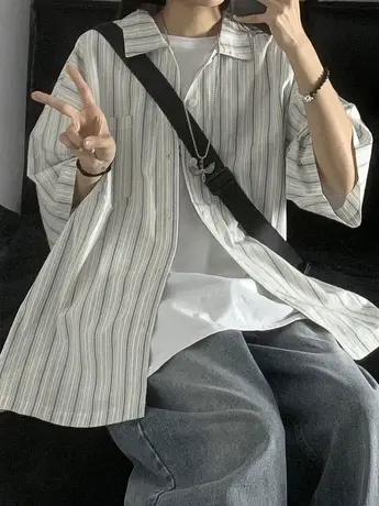 条纹衬衫女夏季薄款复古港味设计感小众法式韩系chic别致短袖上衣图片