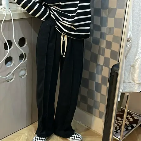 红续卫裤女春秋季高腰薄款抽绳运动裤休闲裤宽松束脚拼接哈伦长裤图片