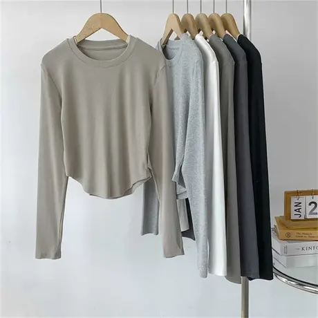 弹力螺纹棉长袖圆领T恤女美式复古高腰舞蹈服练功服现代舞上衣女商品大图