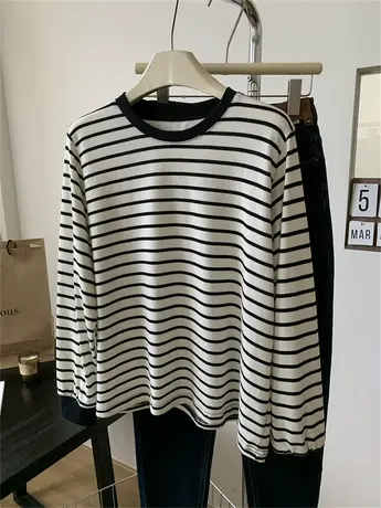 撞色圆领条纹T恤女简约复古秋季长袖上衣宽松韩版显瘦百搭打底衫商品大图