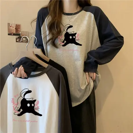 欧货大码宽松长袖T恤女秋冬内搭德绒保暖打底衫撞色插肩袖上衣潮商品大图