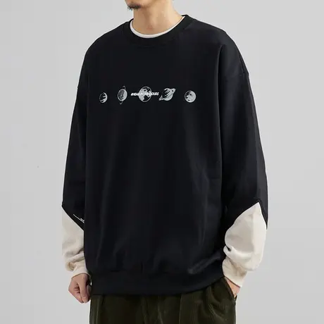 撞色灯芯绒拼接黑色圆领男士卫衣2022春秋季韩版百搭无帽套头衫潮商品大图