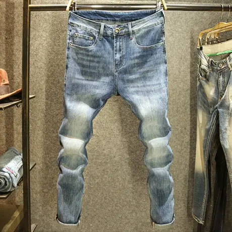 九分轻奢牛仔裤男款重工水洗修身小脚裤高端潮牌时尚简约9分裤子商品大图