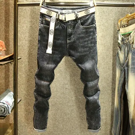 黑色高端水洗牛仔裤男秋季新款潮流百搭水洗弹力修身小脚男士长裤商品大图