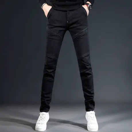 高端牛仔裤男2023秋冬新款潮流拼接修身小脚男士高街机车休闲长裤商品大图