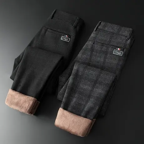 男裤子加绒加厚秋冬季格子休闲裤男直筒宽松保暖男士商务正装西裤图片