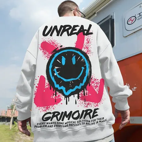 小恶魔笑脸加肥加大卫衣男圆领鬼脸印花潮牌套头胖子大码秋冬季潮图片