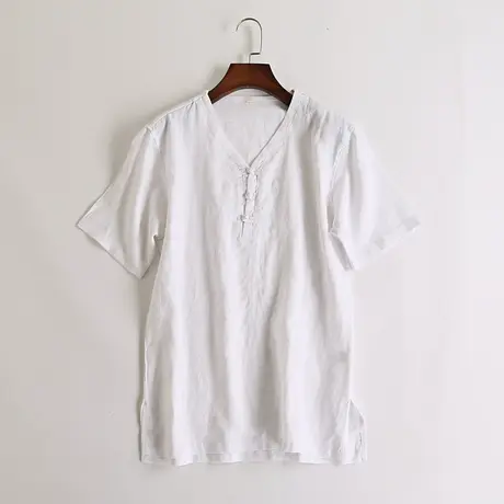 萨法瑞断码亚麻短袖男V领薄款夏季宽松休闲棉麻t恤复古中国风男装商品大图