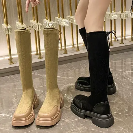 粗跟弹力瘦瘦靴女长靴2023秋冬季新款绒面长筒靴显瘦袜子靴骑士靴商品大图