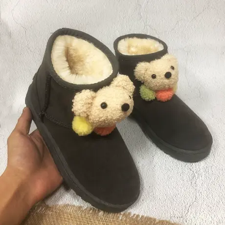 少女心加绒加雪地靴女绒面冬季短筒厚底靴子厚学生卡通小熊棉鞋商品大图