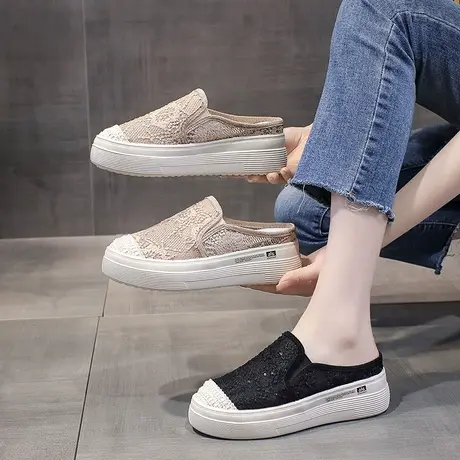 网纱厚底包头半拖鞋女夏外穿渔夫鞋凉拖2025新款增高一脚蹬懒人鞋图片