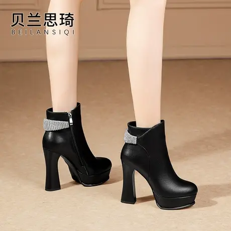 真皮水钻厚底超高跟短靴女2023秋冬季新款防水台粗跟时装马丁靴子图片