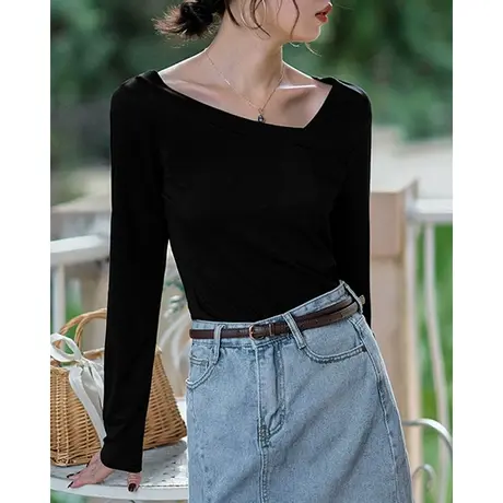 弥古黑色长袖t恤女小众设计感v领斜肩上衣秋季内搭打底衫别致秋装商品大图