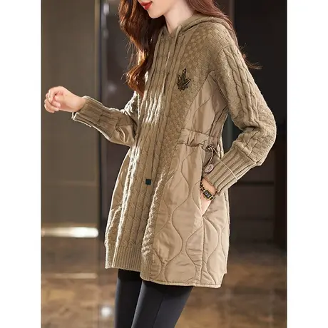 宝诗黎连帽针织拼接中长款套头棉服2023秋冬季新款抽绳收腰外套女商品大图