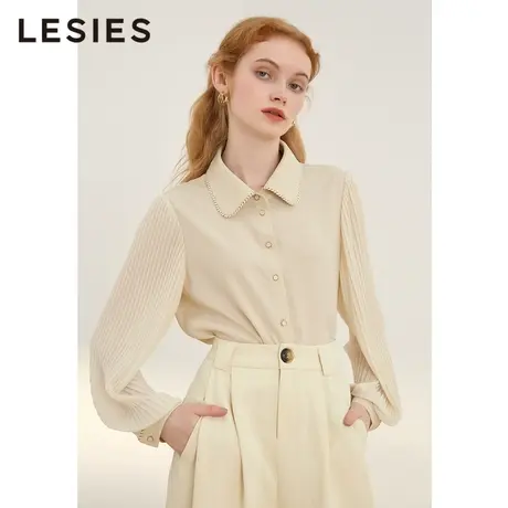 蓝色倾情春秋新款 米色织带装饰压褶长袖雪纺衬衫女别致上衣商品大图