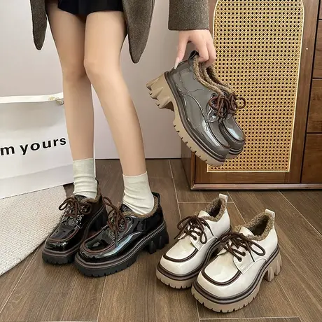 高跟乐福鞋女新款百搭2023英伦风加绒鞋子配裙子高级感气质小皮鞋商品大图