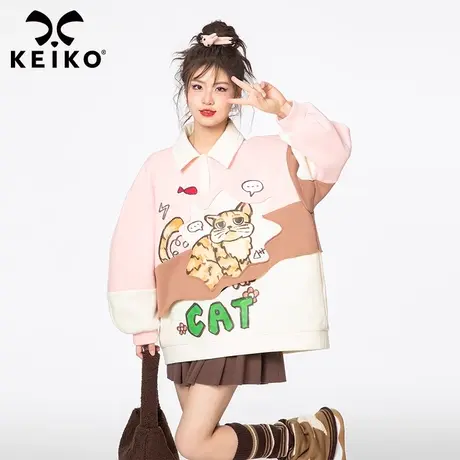 奶系拼色Polo领宽松卫衣女秋季设计感可爱卡通印花宽松套头外套商品大图