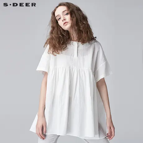 sdeer圣迪奥2018夏装宽松白色韩版落肩圆领娃娃衫衬衫女S17260401图片