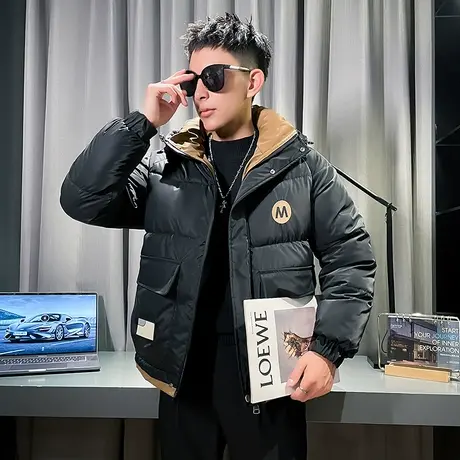 连帽工装棉服男冬季2023新款撞色拼接高级感个性贴标痞帅棉衣外套图片