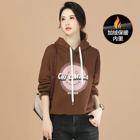 新品88折】时尚连帽印花加绒卫衣女2023冬季新款宽松显瘦上衣厚图片
