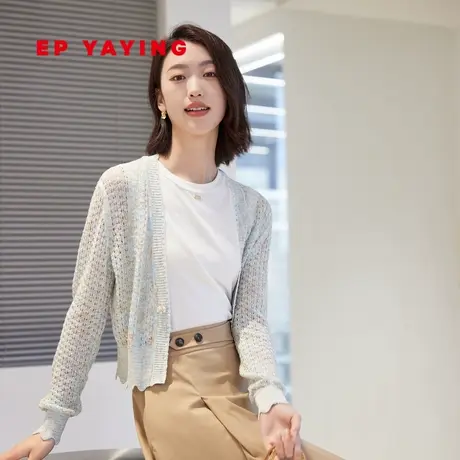 EP雅莹女装 镂空棉麻空调衫 撞色V领短款针织开衫 新款9110A商品大图