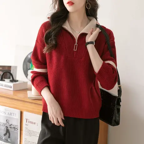 2023冬装新款韩版宽松套头长袖针织衫百搭内搭上衣拉链条纹毛衣女商品大图