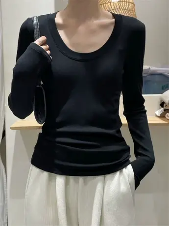螺纹U领长袖t恤女纯棉2023年春秋新款纯色修身低领内搭打底衫上衣商品大图