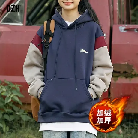 男士美式加绒卫衣男连帽重磅拼接上衣休闲情侣装衣服男款冬季外套商品大图