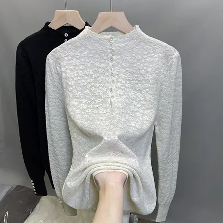 半高领毛衣女打底衫2024秋冬新款套头蕾丝外穿针织衫内搭洋气上衣商品大图