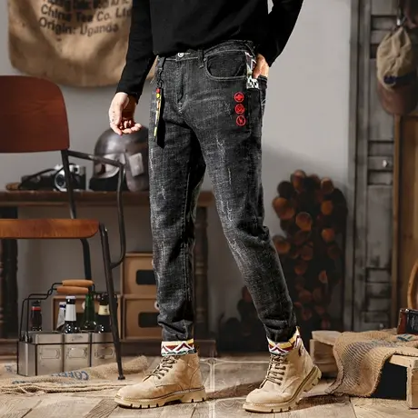 黑色春秋款牛仔裤男潮牌猫爪弹力长裤设计师拼接贴布修身小脚裤子商品大图