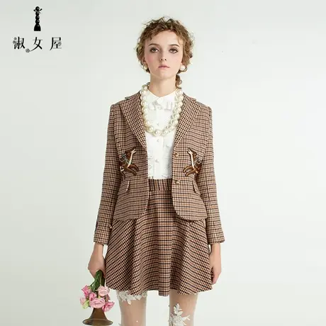 淑女屋冬季新品修身卡其千鸟格猎犬贴布绣毛呢西服西装外套图片