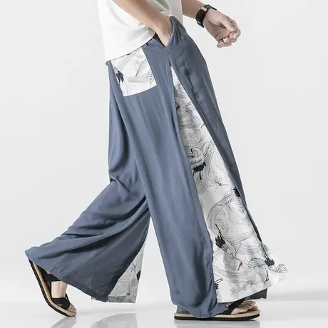 秋季棉麻长裤宽松直筒汉服裤裙复古男装亚麻休闲裤大码麻料阔脚裤商品大图