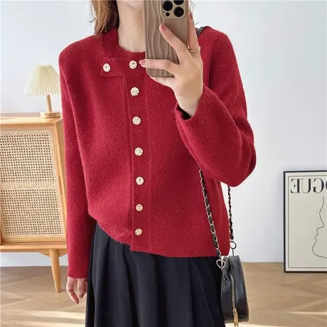 红色毛衣女款2024春装新款针织开衫外套女宽松上衣高级感洋气女装商品大图