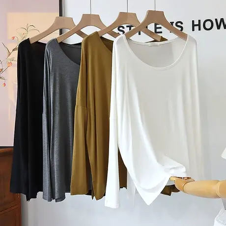 莫代尔大码一字领长袖T恤女初秋宽松大领口遮肉显瘦小个子胖M上衣商品大图