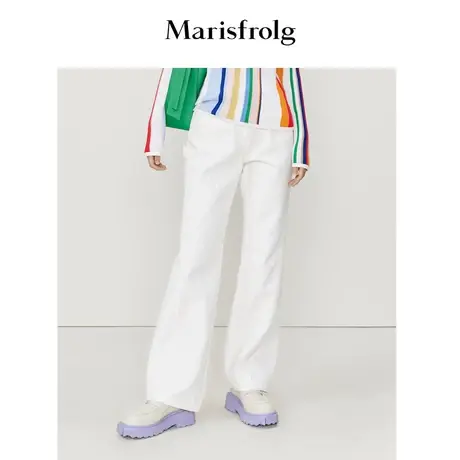 玛丝菲尔春季新款白色100%棉休闲阔腿裤子女显高图片