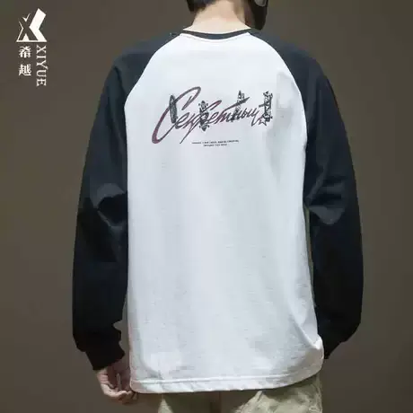 希越纯棉长袖T恤男2024春季新款潮牌男士宽松大码体恤插肩袖男装商品大图