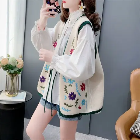 甜美日系森女绣花针织开衫马甲背心女春季2024年新款百搭无袖坎肩图片