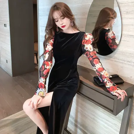 一字肩晚礼服女2024新款名媛气质敬酒服长款高开叉性感丝绒连衣裙商品大图