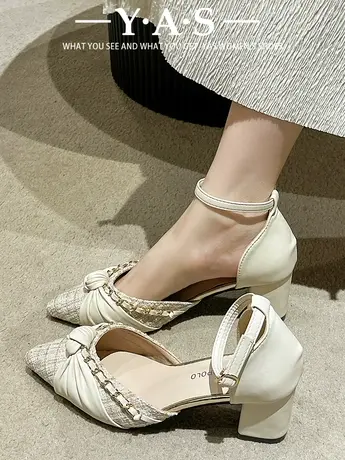 尖头凉鞋女2024春季黑色百搭气质配裙子温柔风增高5CM粗跟高跟鞋图片