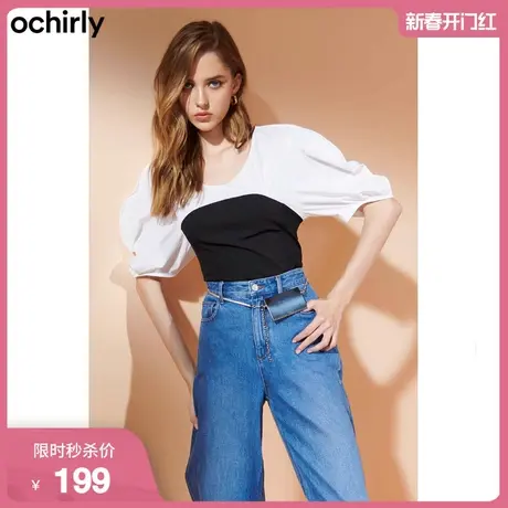 黑标系列 欧时力新款夏装复古泡泡袖显瘦收腰上衣拼接法式衬衫女图片