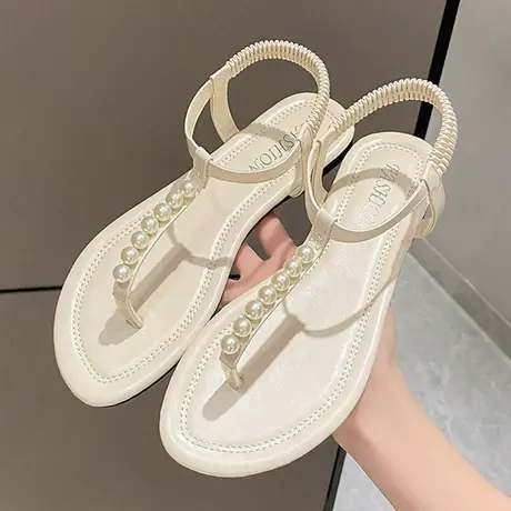 罗马凉鞋女平底2024年夏春新款法式珍珠夹趾女鞋复古小众罗马鞋子图片