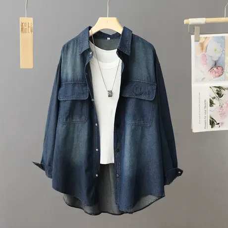 宽松大码蓝色牛仔衬衫女2024春季新款慵懒风外套衬衣休闲百搭上衣商品大图