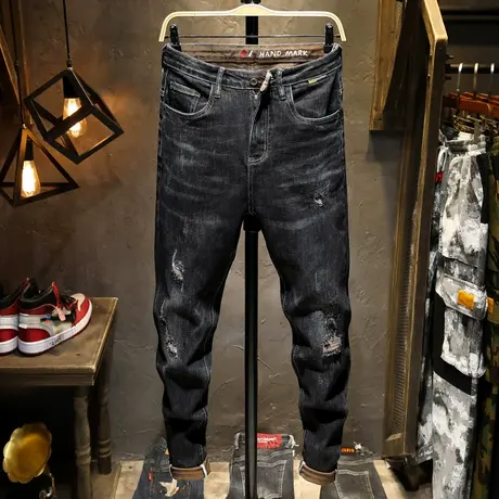 秋冬新款破洞牛仔裤男修身小脚潮牌补丁乞丐裤韩版潮流长裤子男潮图片