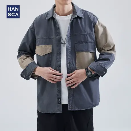 hansca工装衬衫男士长袖春季美式复古撞色拼接潮流高级感纯棉外套商品大图