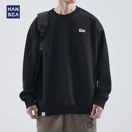hansca重磅字母刺绣潮牌圆领卫衣男秋冬季宽松大码微落肩长袖上衣商品大图