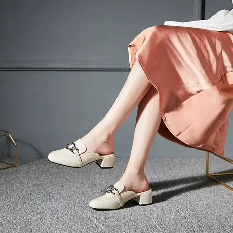 里外全皮舒适半包拖鞋纯色搭扣头层牛皮包头鞋软皮软面粗跟中跟鞋商品大图