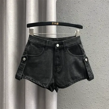 欧货韩系风阔腿裤女24春夏新款黑色休闲高腰显瘦百搭牛仔短裤热裤图片