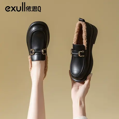 依思q加绒小皮鞋女2024年新款鞋子女豆豆鞋春季乐福鞋单鞋毛毛鞋商品大图